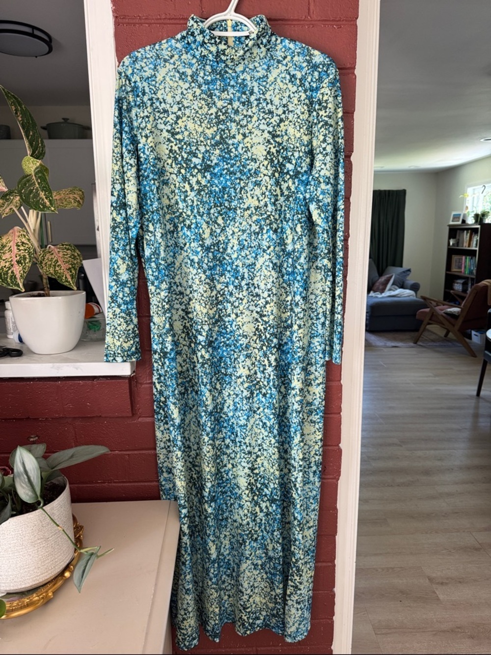 Tuckernuck Ellery Splatterpaint Blue, Yellow, Black Long-Sleeve Maxi Dress Large